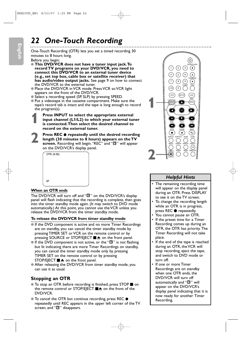 22 one-touch recording, English, Stopping an otr | Helpful hints | Philips DVP3345V-17 User Manual | Page 22 / 126