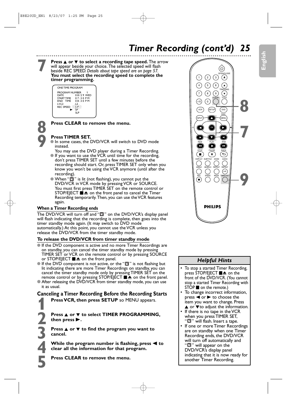 Timer recording (cont’d) 25 | Philips DVP3345V-17 User Manual | Page 25 / 126