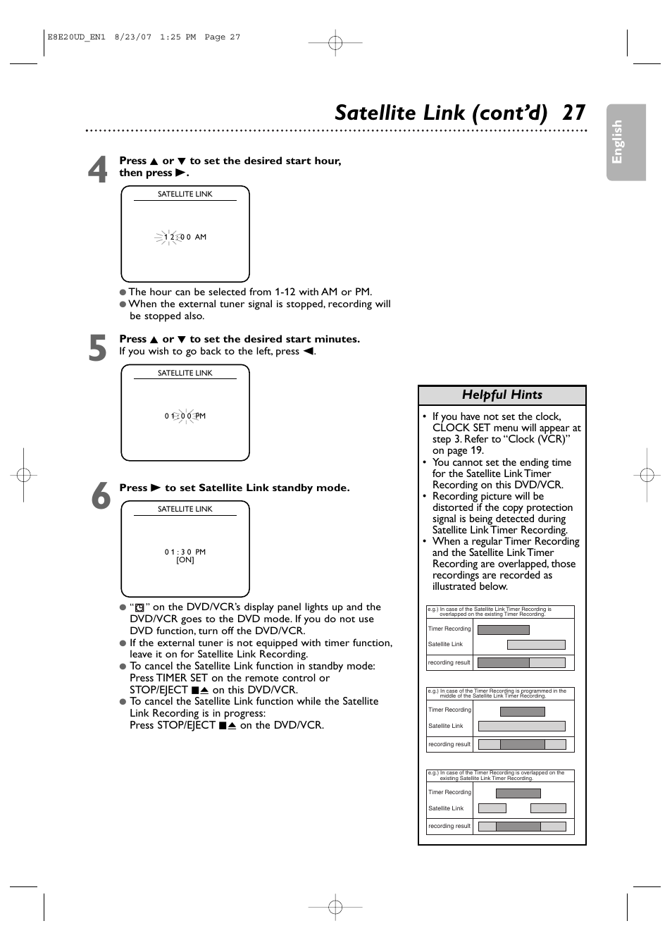 Satellite link (cont’d) 27, English, Helpful hints | Philips DVP3345V-17 User Manual | Page 27 / 126