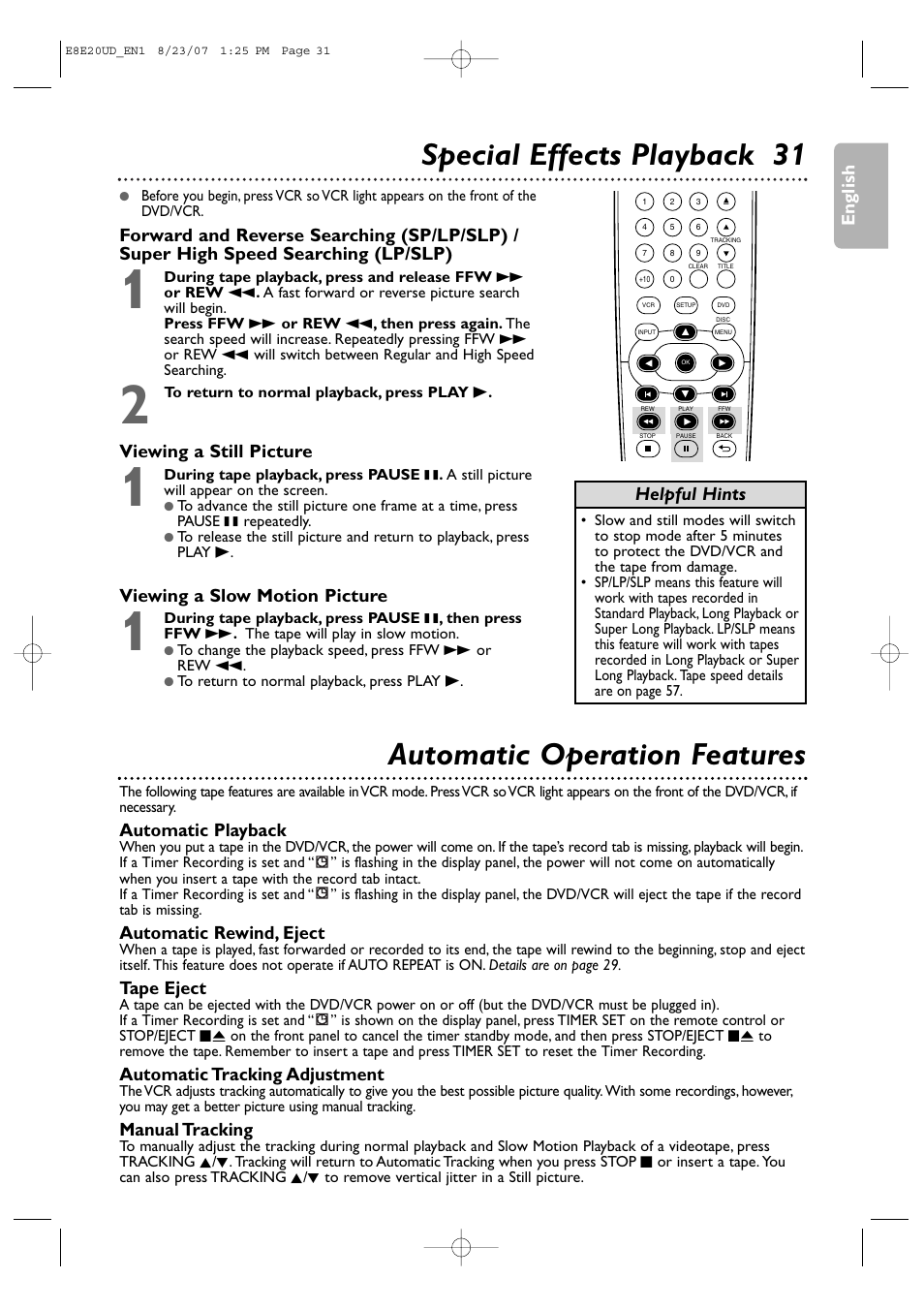 Special effects playback 31, Automatic operation features | Philips DVP3345V-17 User Manual | Page 31 / 126