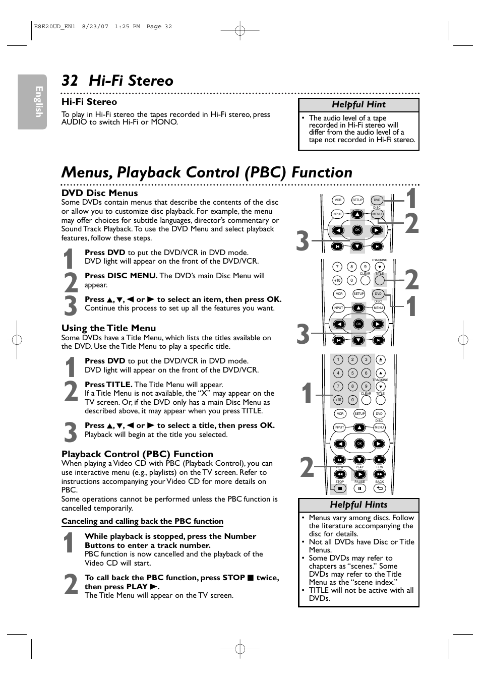 32 hi-fi stereo, Menus, playback control (pbc) function | Philips DVP3345V-17 User Manual | Page 32 / 126