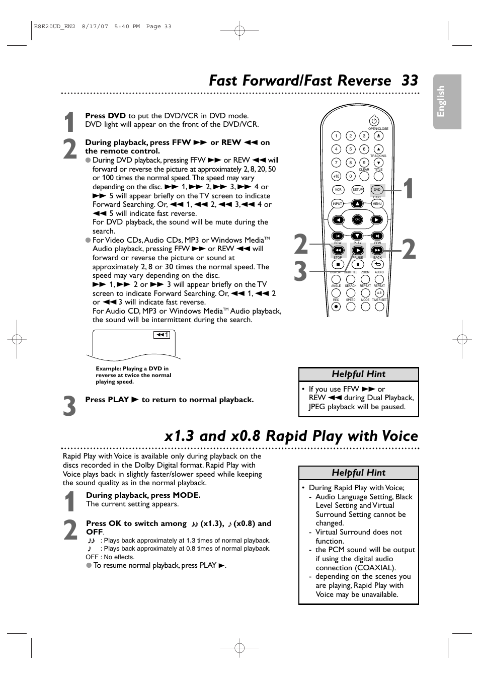 Fast forward/fast reverse 33, X1.3 and x0.8 rapid play with voice | Philips DVP3345V-17 User Manual | Page 33 / 126