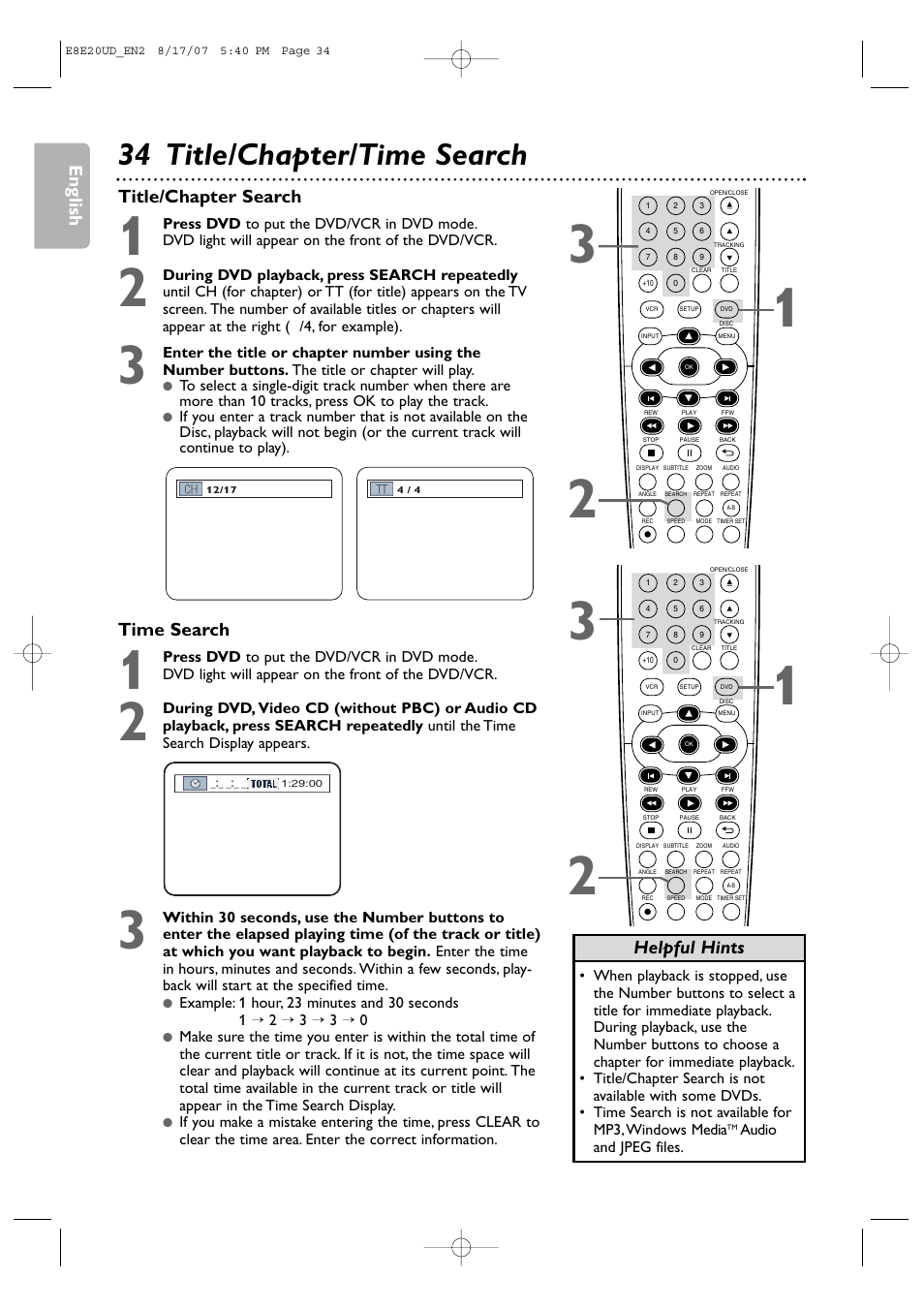 34 title/chapter/time search, English time search, Title/chapter search | Helpful hints | Philips DVP3345V-17 User Manual | Page 34 / 126