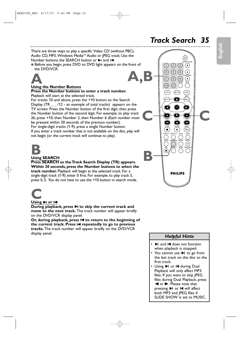 Ca,b c, Track search 35, English | Helpful hints | Philips DVP3345V-17 User Manual | Page 35 / 126