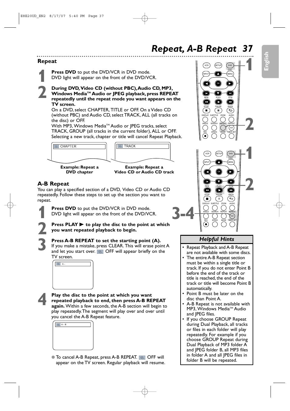 Repeat, a-b repeat 37, English, Helpful hints a-b repeat | Repeat | Philips DVP3345V-17 User Manual | Page 37 / 126