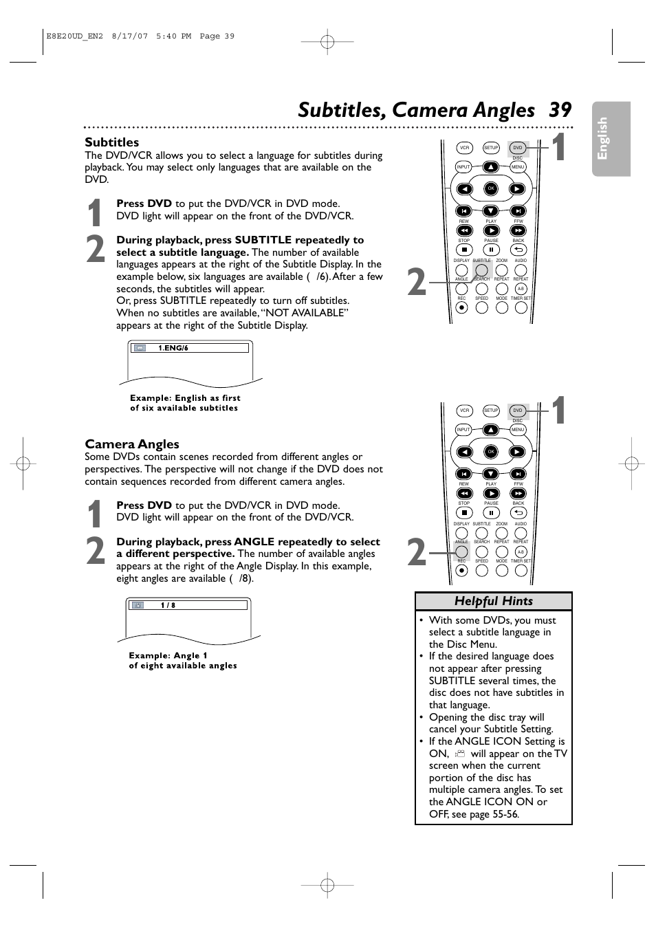 Subtitles, camera angles 39, English, Subtitles | Camera angles, Helpful hints | Philips DVP3345V-17 User Manual | Page 39 / 126