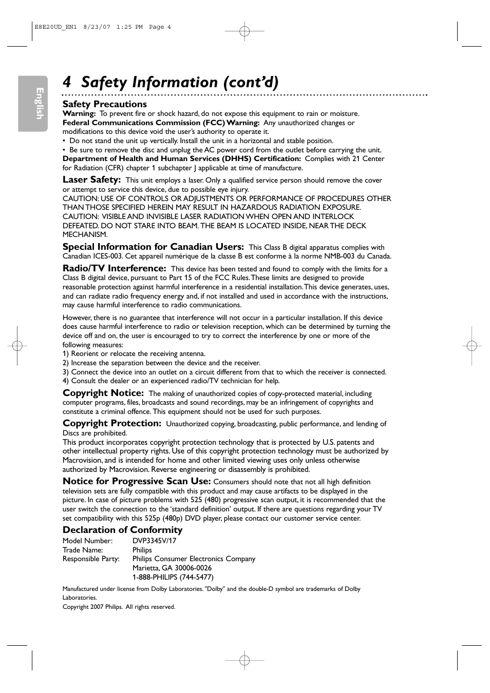 4 safety information (cont’d) | Philips DVP3345V-17 User Manual | Page 4 / 126