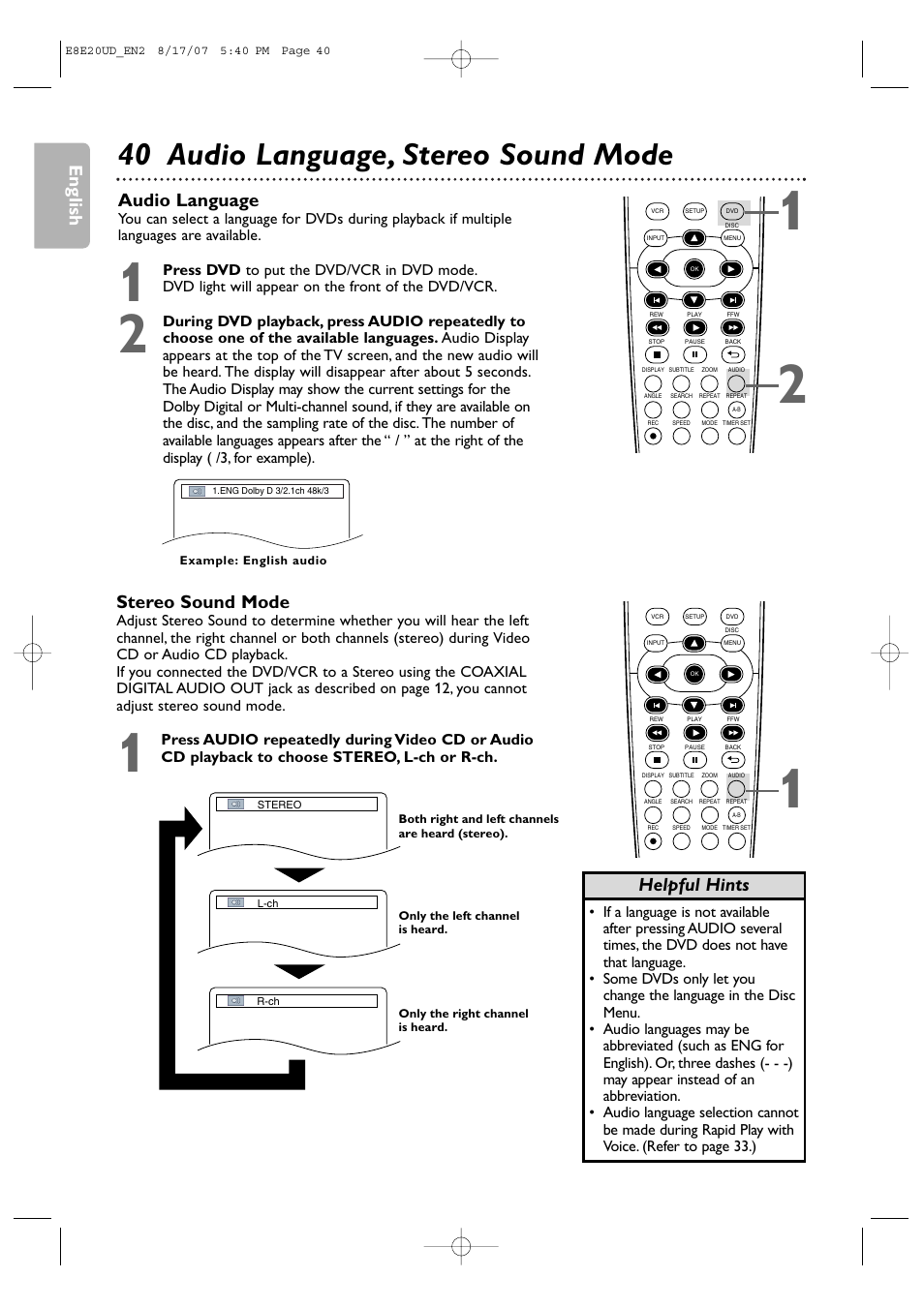 40 audio language, stereo sound mode, English, Audio language | Helpful hints stereo sound mode | Philips DVP3345V-17 User Manual | Page 40 / 126