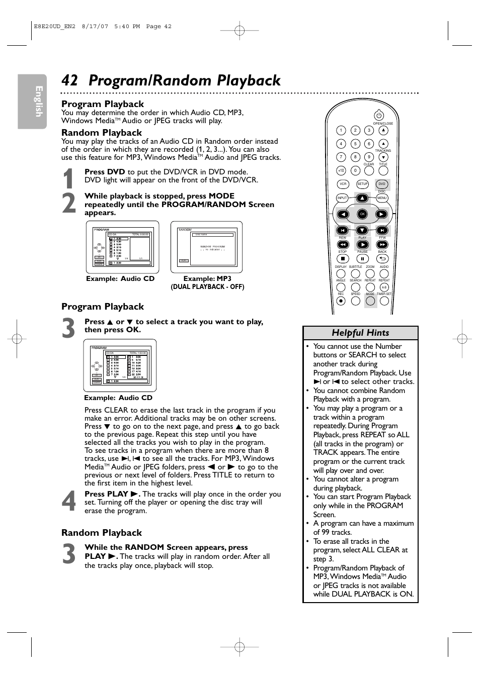 42 program/random playback, English, Program playback | Random playback, Helpful hints, Program playback random playback, Audio or jpeg tracks will play, Audio and jpeg tracks | Philips DVP3345V-17 User Manual | Page 42 / 126