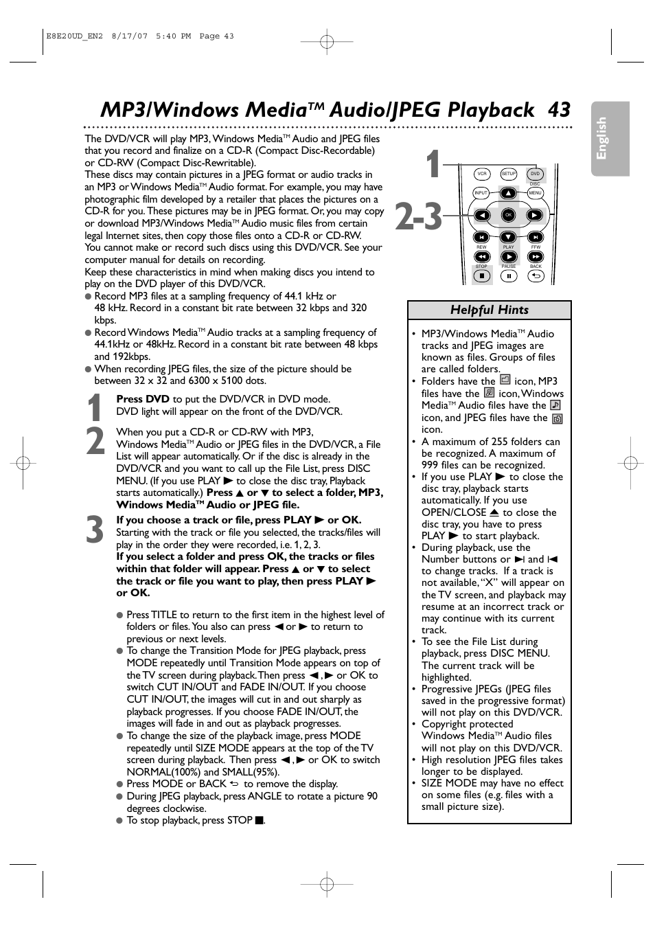 Mp3/windows media, Audio/jpeg playback 43 | Philips DVP3345V-17 User Manual | Page 43 / 126