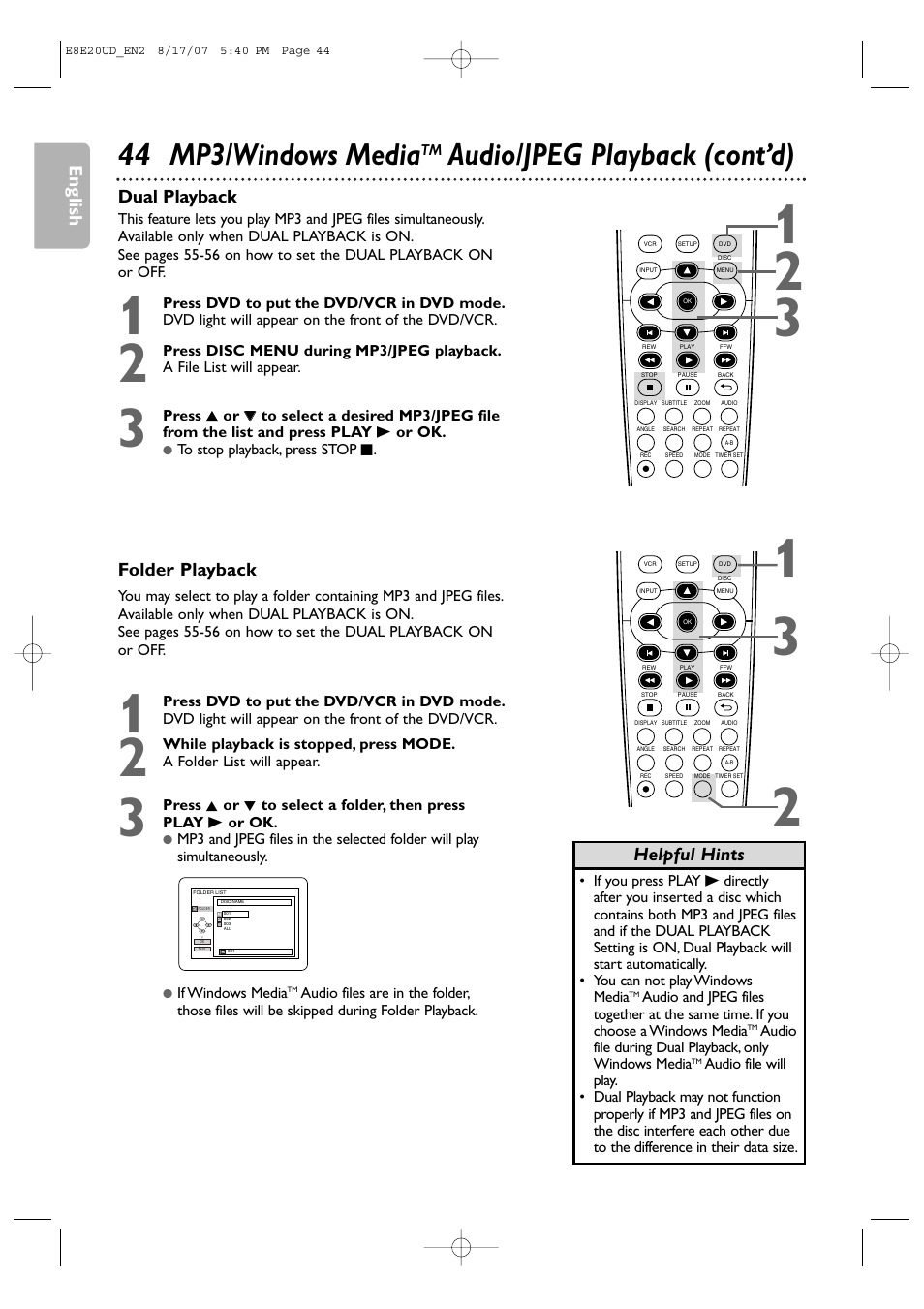44 mp3/windows media, Audio/jpeg playback (cont’d), English | Dual playback, Folder playback, Helpful hints | Philips DVP3345V-17 User Manual | Page 44 / 126