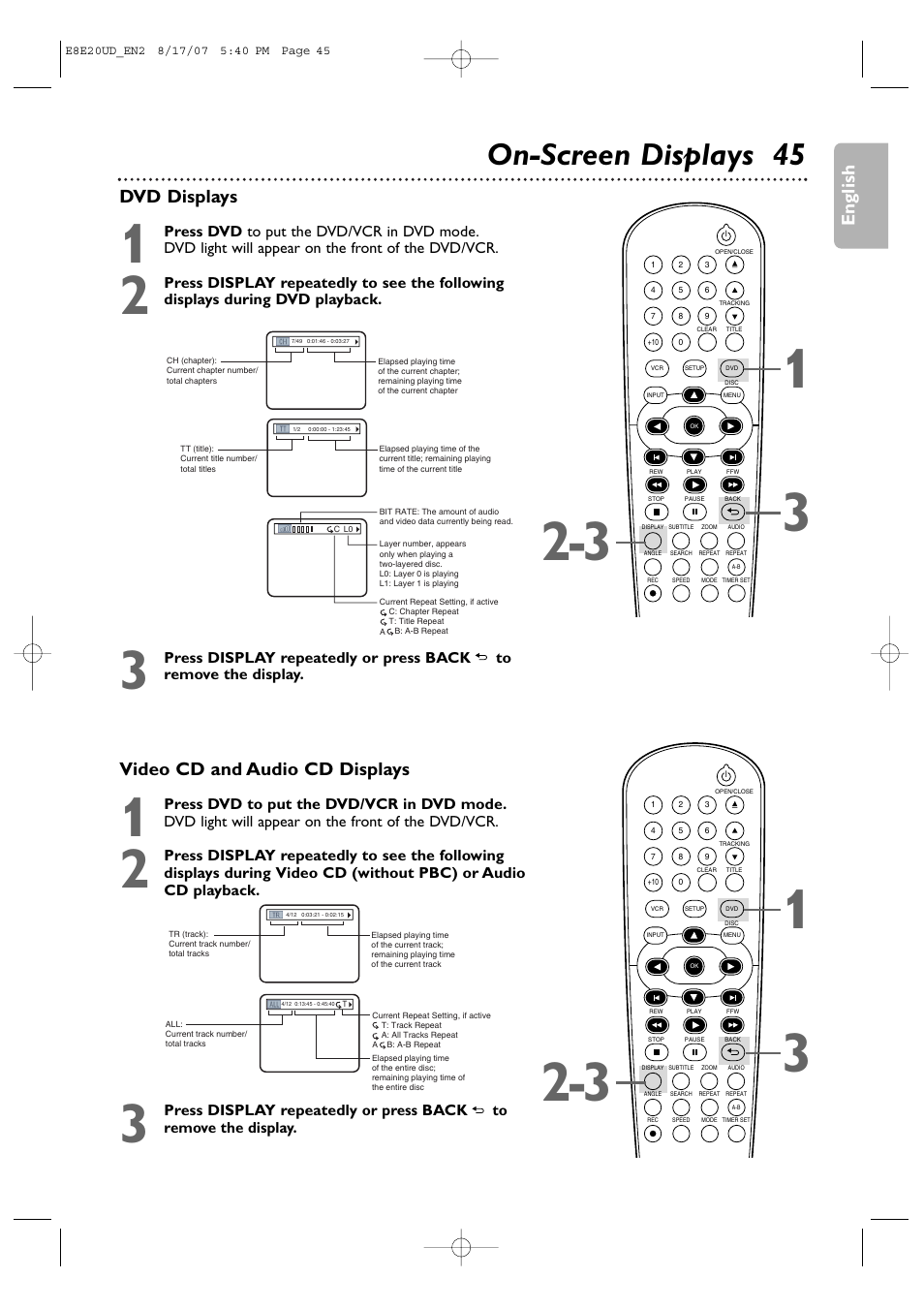 On-screen displays 45, English, Video cd and audio cd displays | Dvd displays | Philips DVP3345V-17 User Manual | Page 45 / 126
