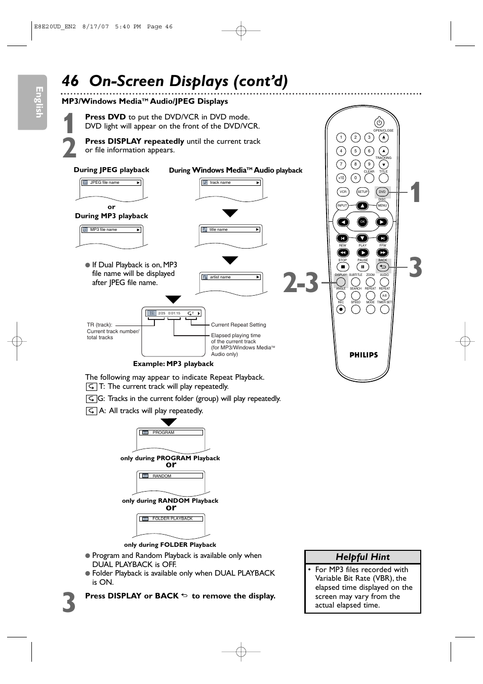 46 on-screen displays (cont’d), English, Helpful hint | Philips DVP3345V-17 User Manual | Page 46 / 126