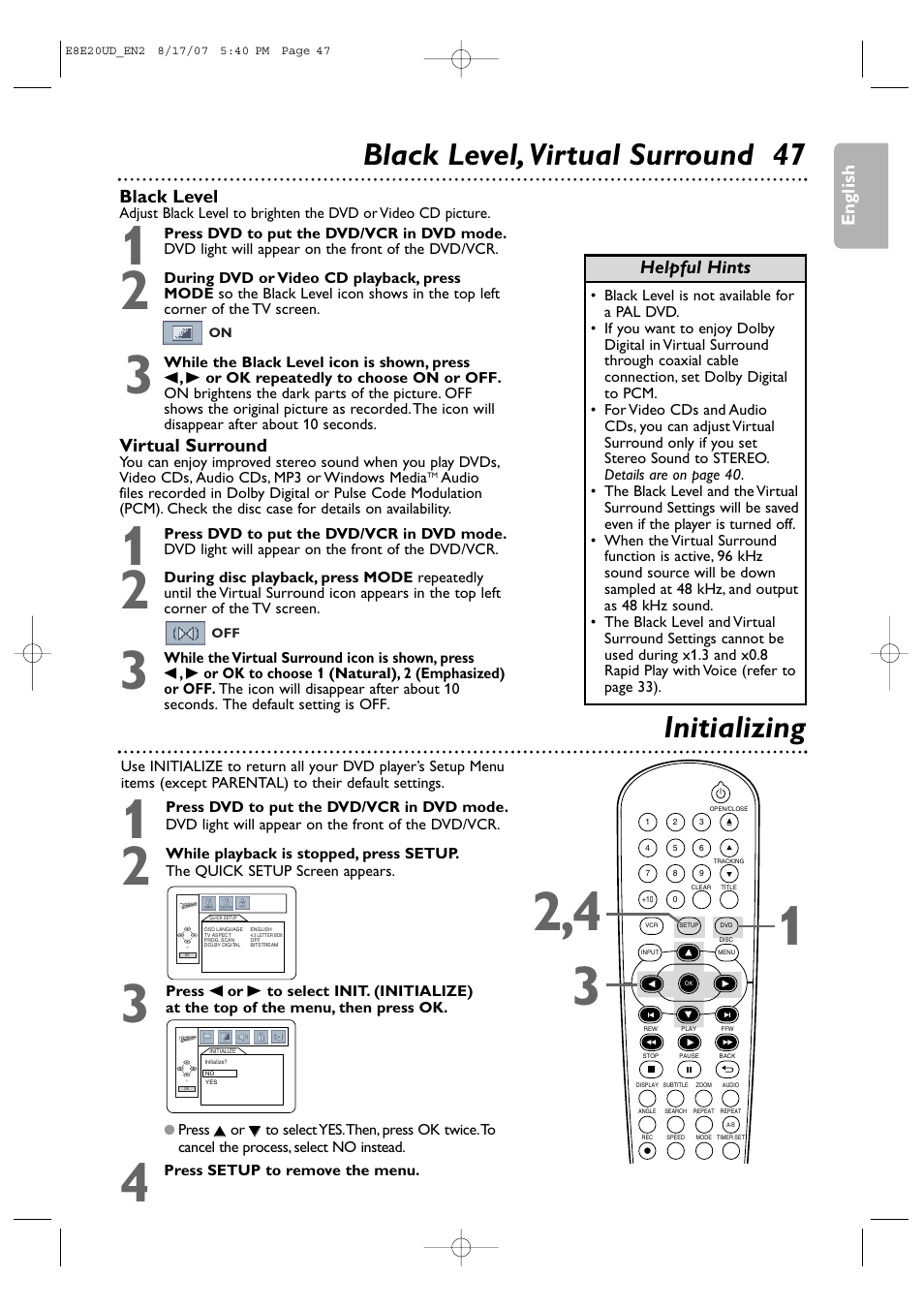 Black level, virtual surround 47 initializing | Philips DVP3345V-17 User Manual | Page 47 / 126