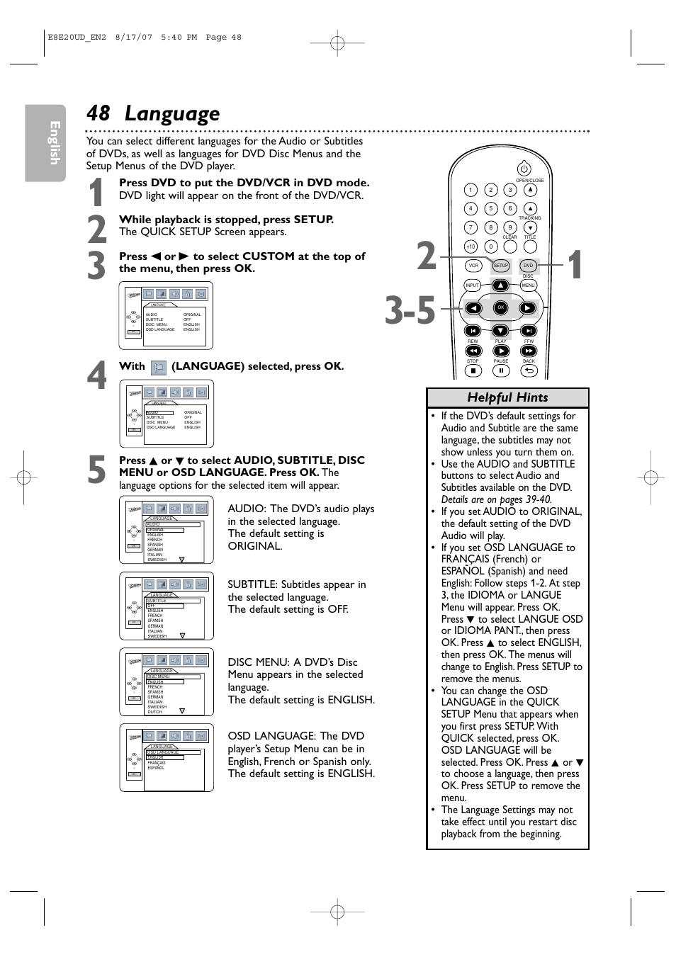 48 language, English, Helpful hints | Philips DVP3345V-17 User Manual | Page 48 / 126