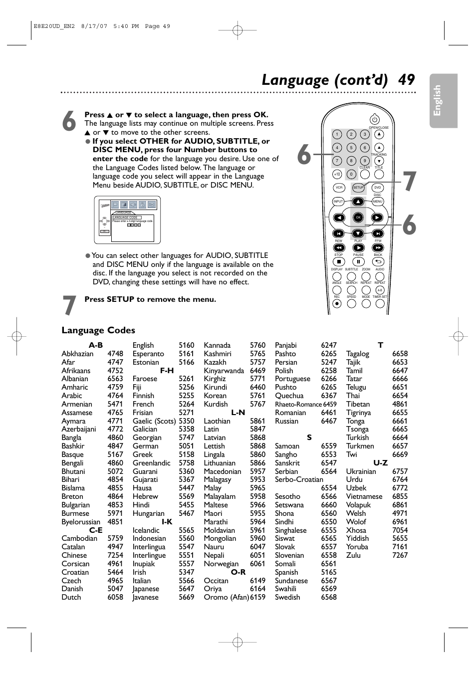 Language (cont’d) 49, English, Language codes | Philips DVP3345V-17 User Manual | Page 49 / 126