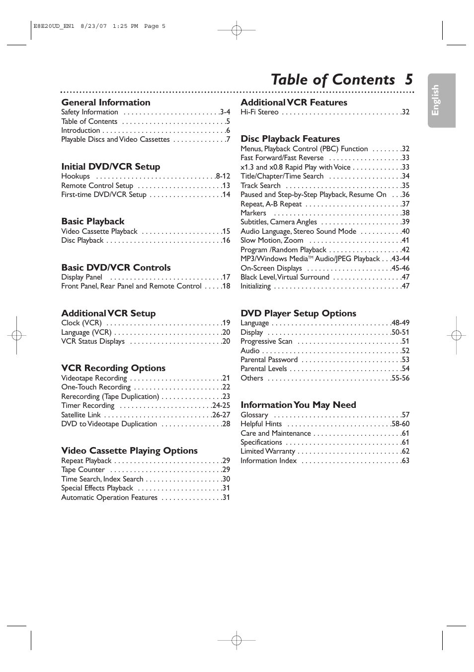 Table of contents 5 | Philips DVP3345V-17 User Manual | Page 5 / 126