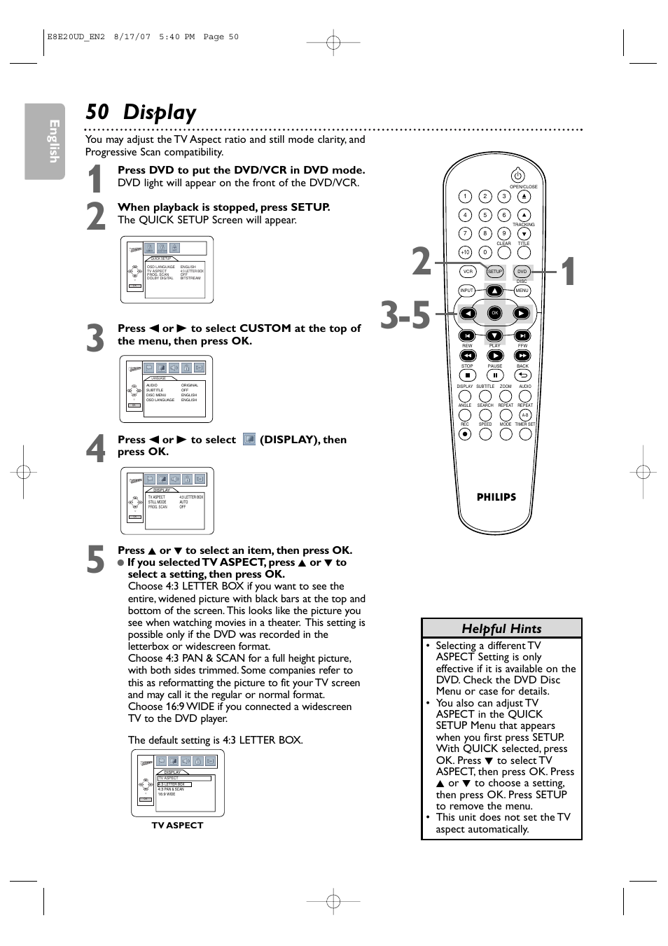 50 display, English, Helpful hints | Press s or b to select (display), then press ok, Press k or l to select an item, then press ok | Philips DVP3345V-17 User Manual | Page 50 / 126