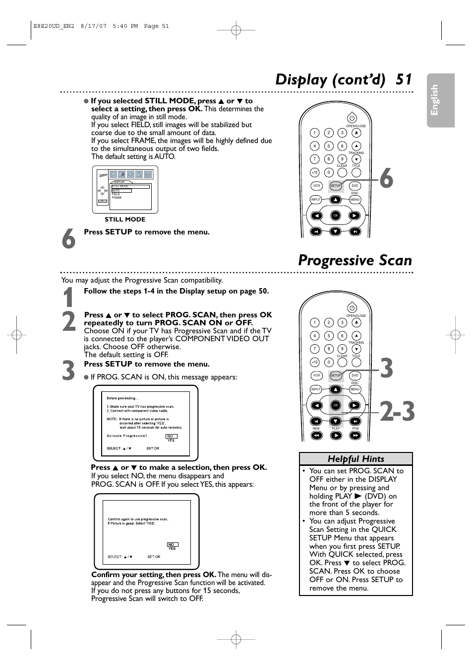 Display (cont’d) 51 progressive scan, English, Helpful hints | Philips DVP3345V-17 User Manual | Page 51 / 126