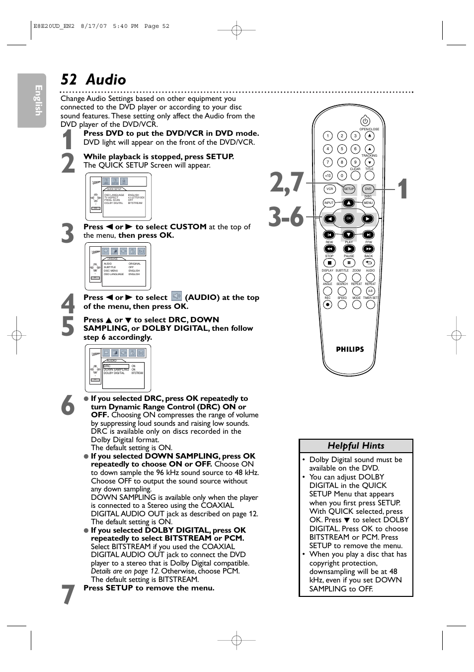 52 audio, English, Helpful hints | Philips DVP3345V-17 User Manual | Page 52 / 126