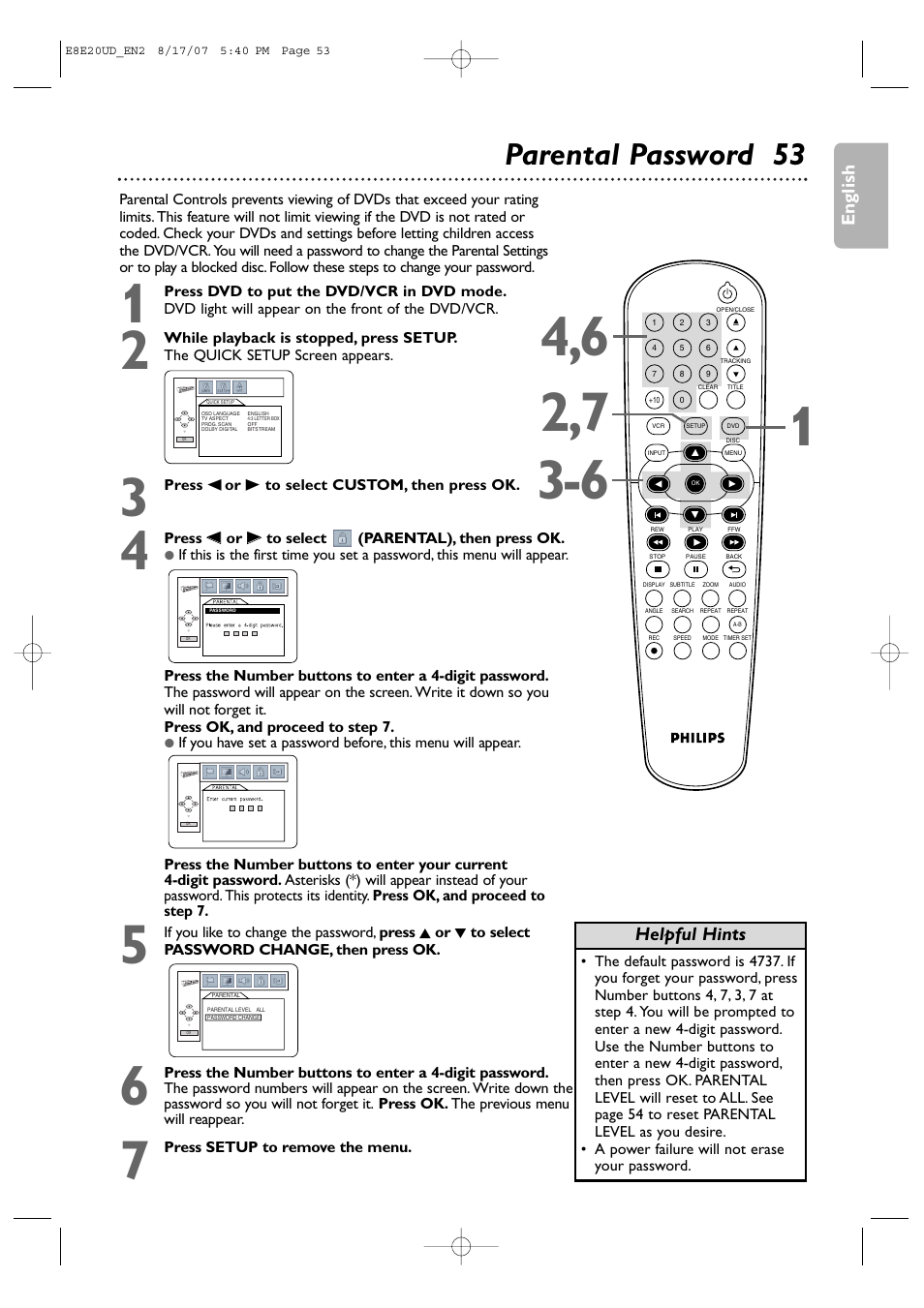 Parental password 53, English, Helpful hints | Philips DVP3345V-17 User Manual | Page 53 / 126