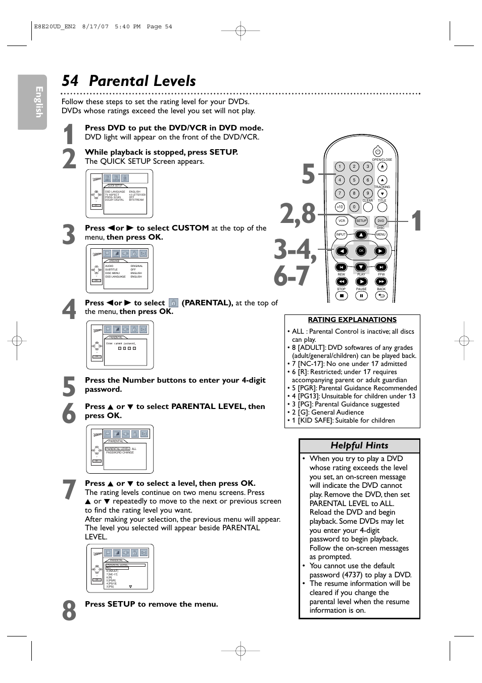 54 parental levels, English, Helpful hints | Philips DVP3345V-17 User Manual | Page 54 / 126