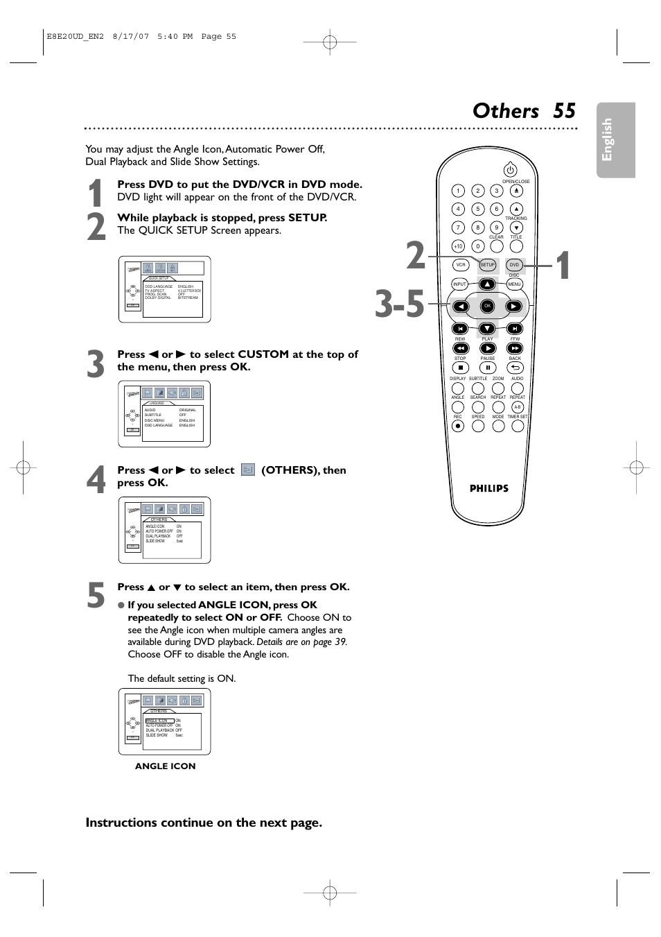 Others 55, English, Instructions continue on the next page | Press s or b to select (others), then press ok | Philips DVP3345V-17 User Manual | Page 55 / 126