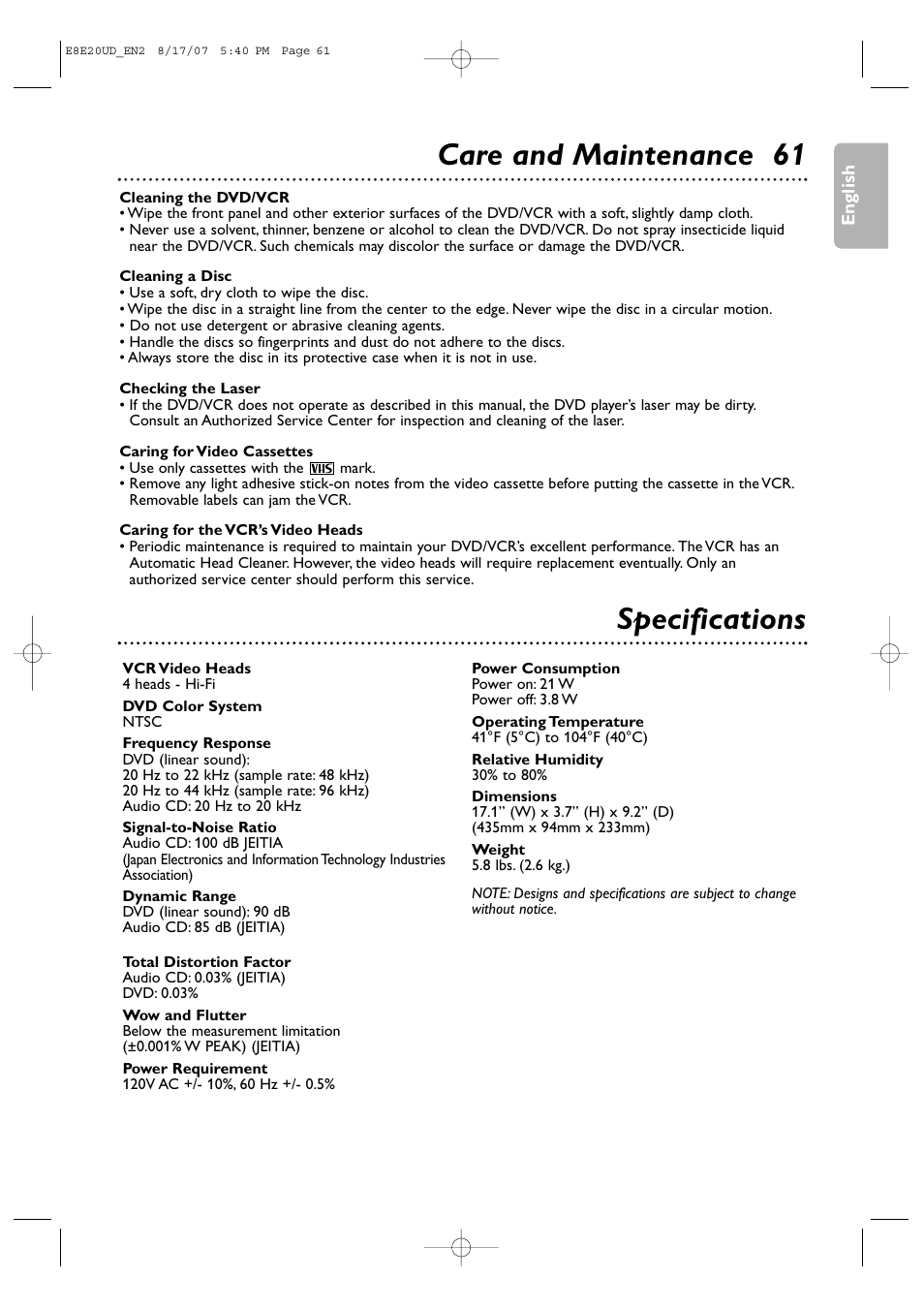 Care and maintenance 61, Specifications | Philips DVP3345V-17 User Manual | Page 61 / 126