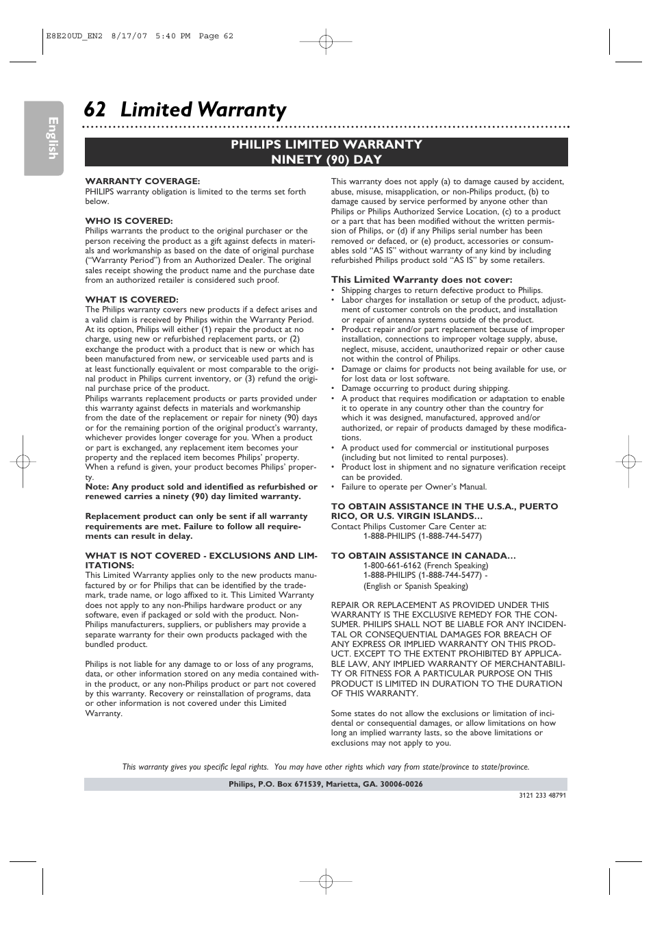 62 limited warranty, English, Philips limited warranty ninety (90) day | Philips DVP3345V-17 User Manual | Page 62 / 126