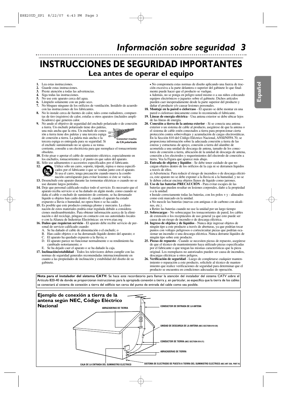 Instrucciones de seguridad importantes, Información sobre seguridad 3, Lea antes de operar el equipo | Español | Philips DVP3345V-17 User Manual | Page 65 / 126