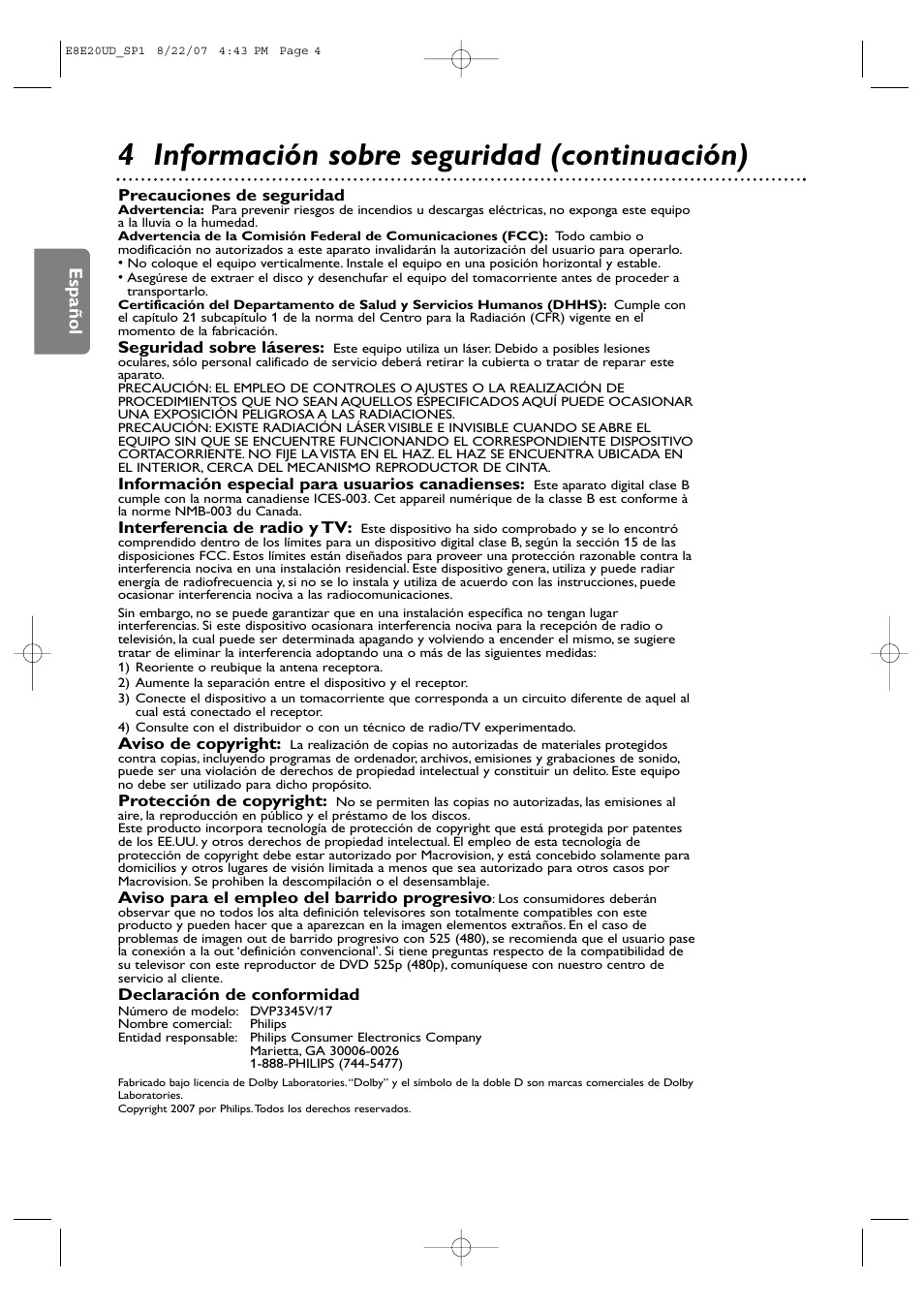 4 información sobre seguridad (continuación), Español | Philips DVP3345V-17 User Manual | Page 66 / 126