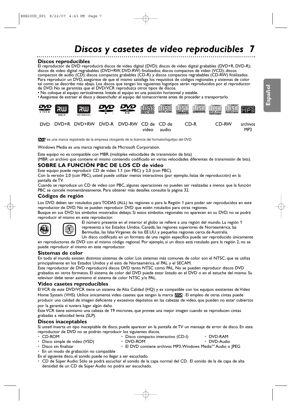 Discos y casetes de video reproducibles 7, Español | Philips DVP3345V-17 User Manual | Page 69 / 126
