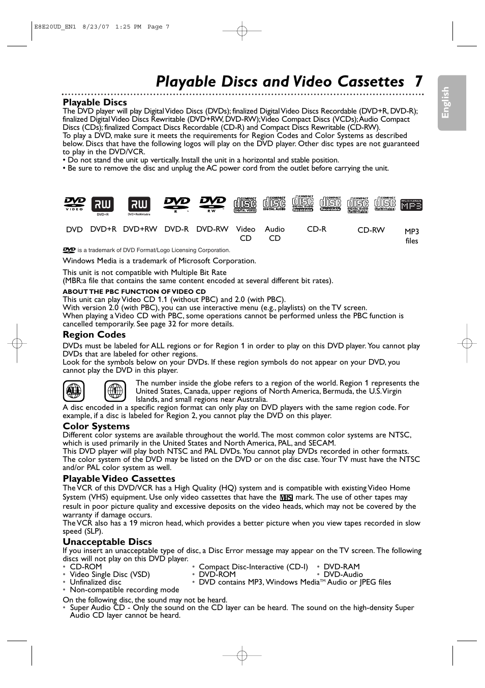 Playable discs and video cassettes 7 | Philips DVP3345V-17 User Manual | Page 7 / 126