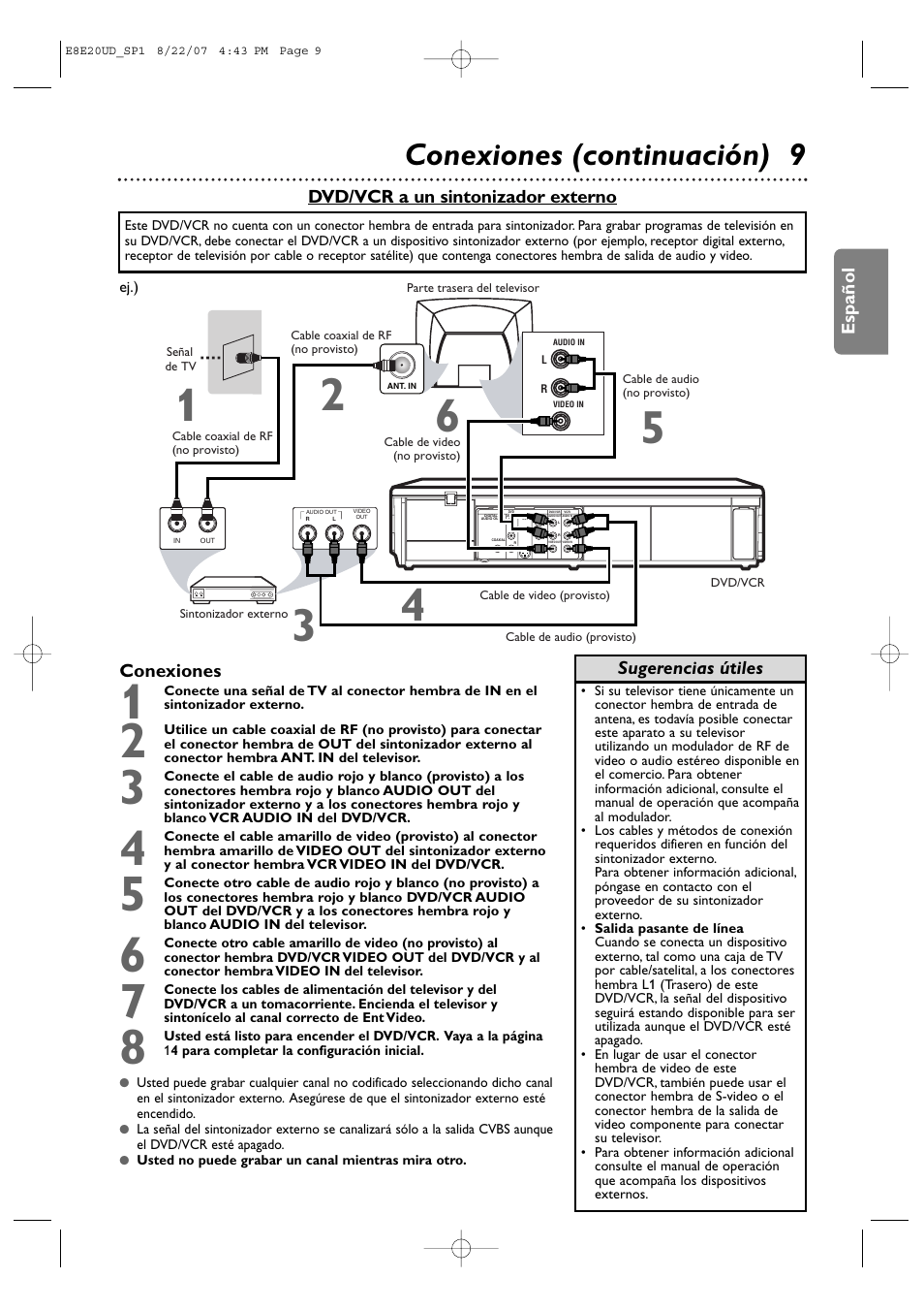 Conexiones (continuación) 9, Español, Conexiones | Dvd/vcr a un sintonizador externo, Sugerencias útiles | Philips DVP3345V-17 User Manual | Page 71 / 126