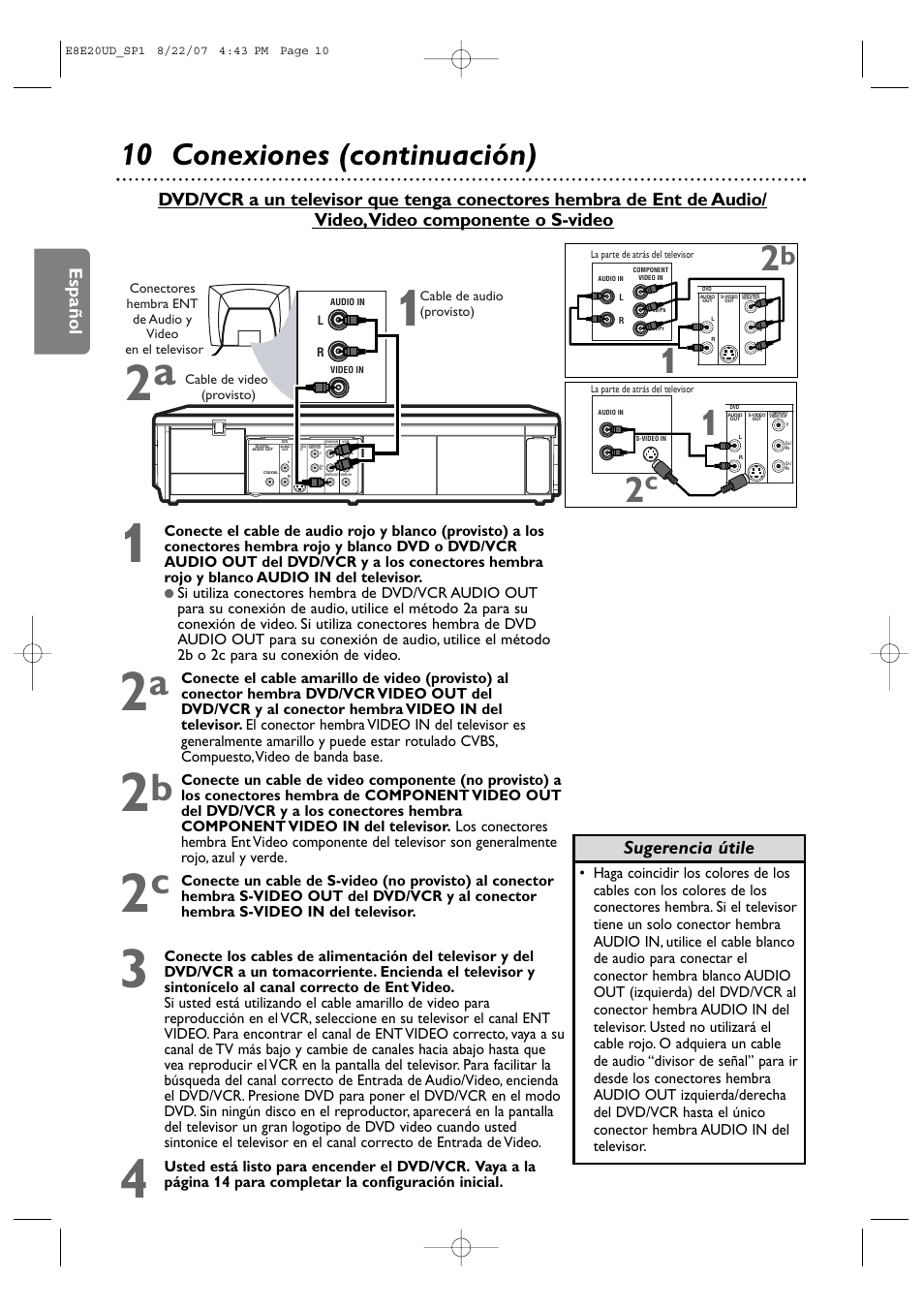 10 conexiones (continuación), Español, Sugerencia útile | Philips DVP3345V-17 User Manual | Page 72 / 126