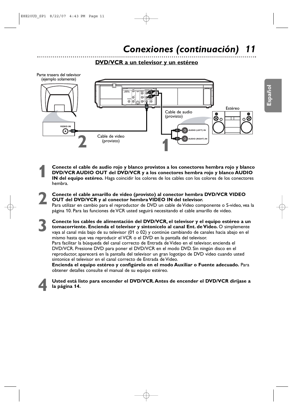 Conexiones (continuación) 11, Español, Dvd/vcr a un televisor y un estéreo | Philips DVP3345V-17 User Manual | Page 73 / 126