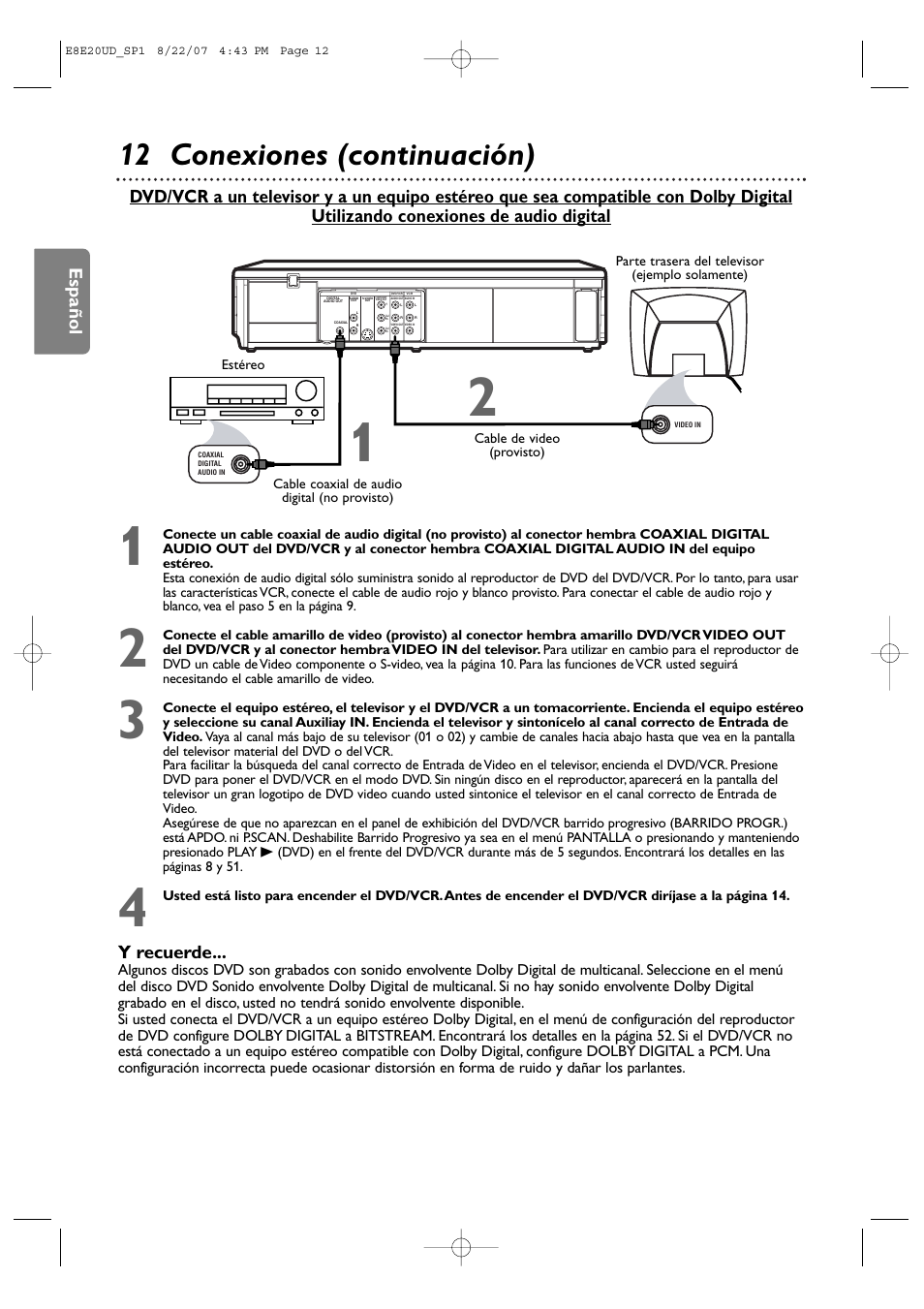 12 conexiones (continuación), Español, Y recuerde | Philips DVP3345V-17 User Manual | Page 74 / 126