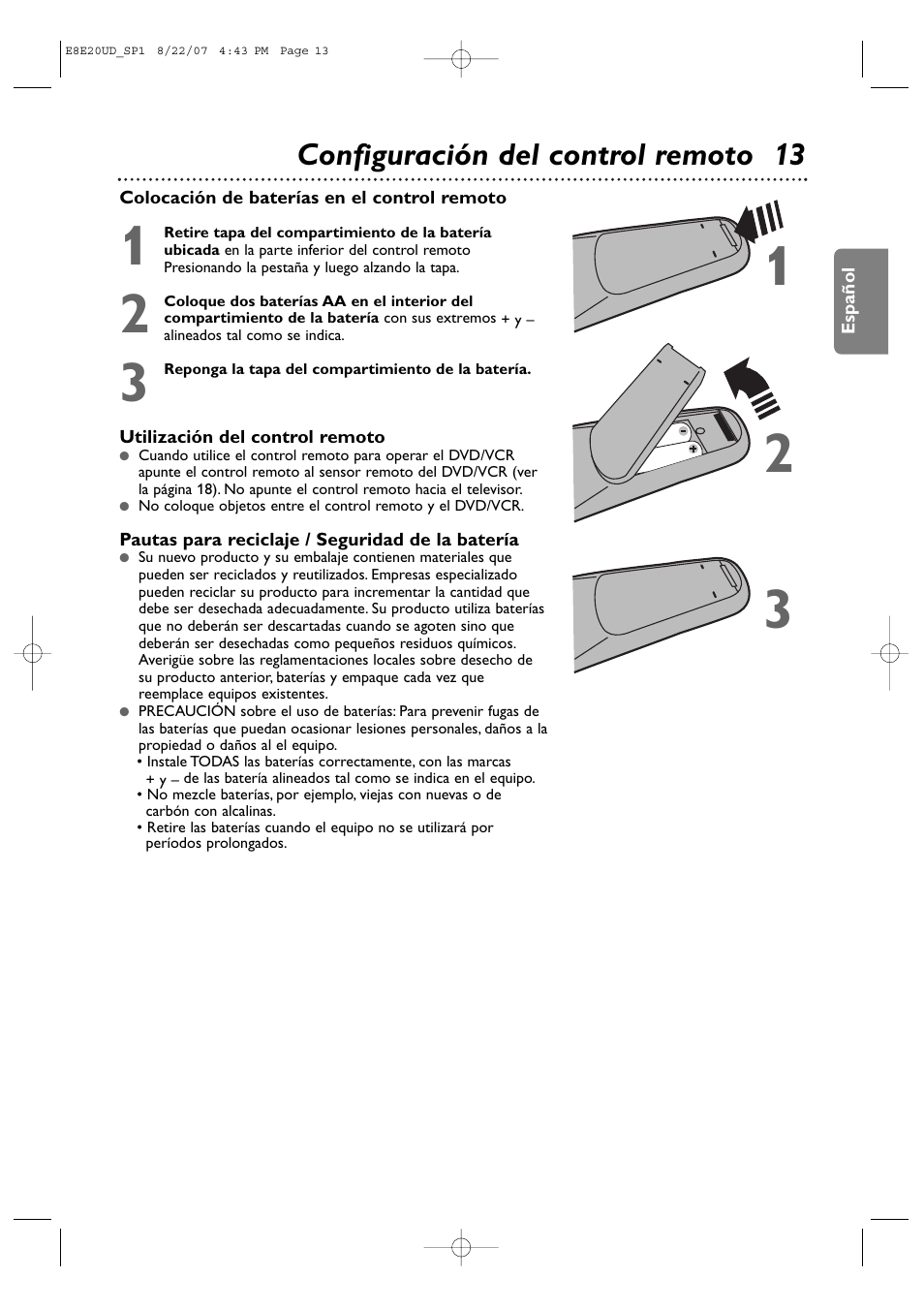 Configuración del control remoto 13 | Philips DVP3345V-17 User Manual | Page 75 / 126