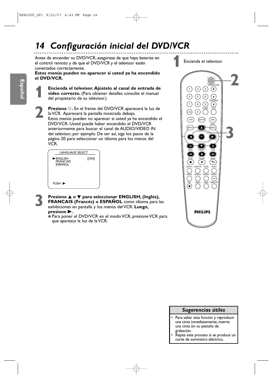 14 configuración inicial del dvd/vcr, Español, Sugerencias útiles | Philips DVP3345V-17 User Manual | Page 76 / 126