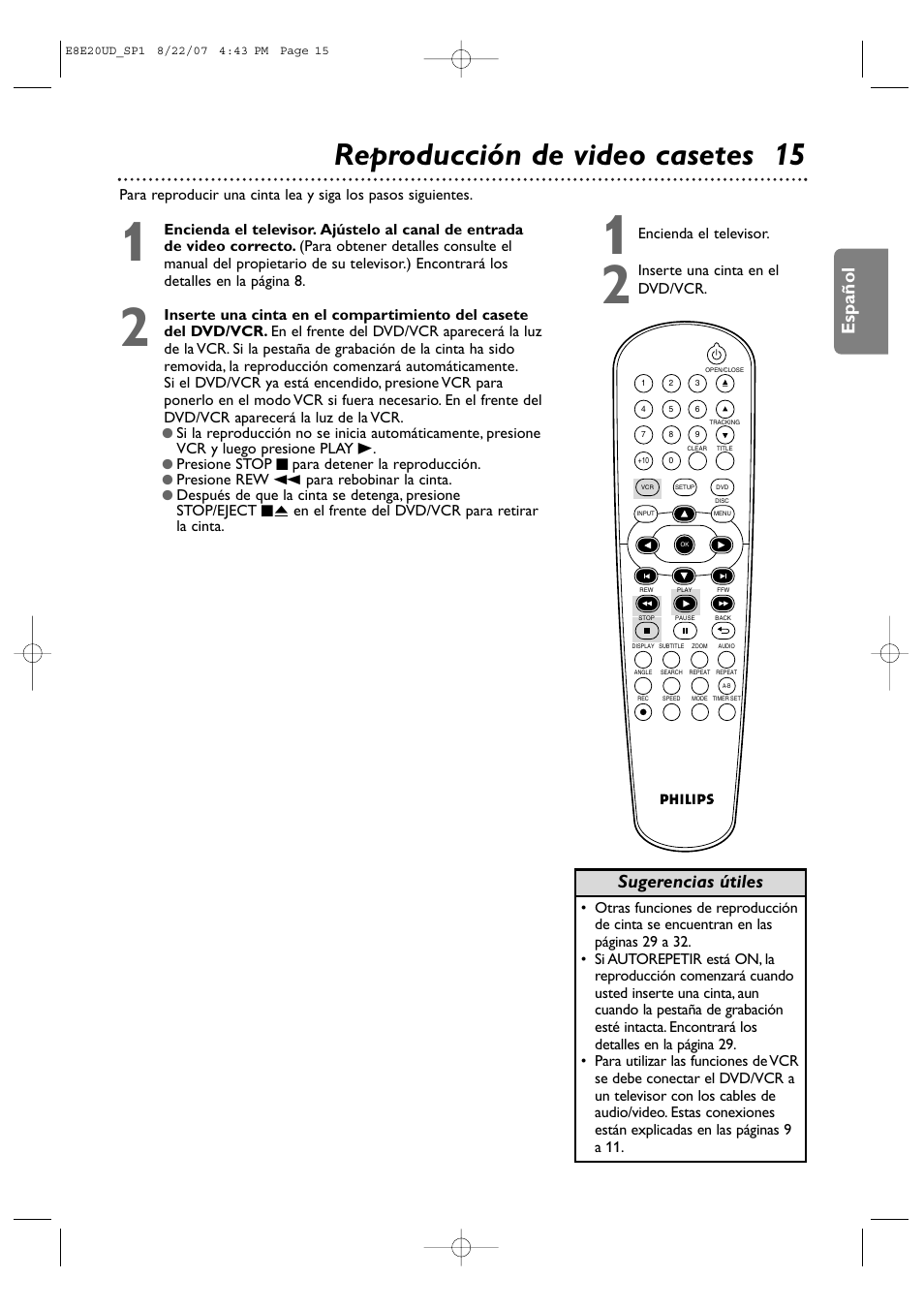 Reproducción de video casetes 15, Español, Sugerencias útiles | Philips DVP3345V-17 User Manual | Page 77 / 126