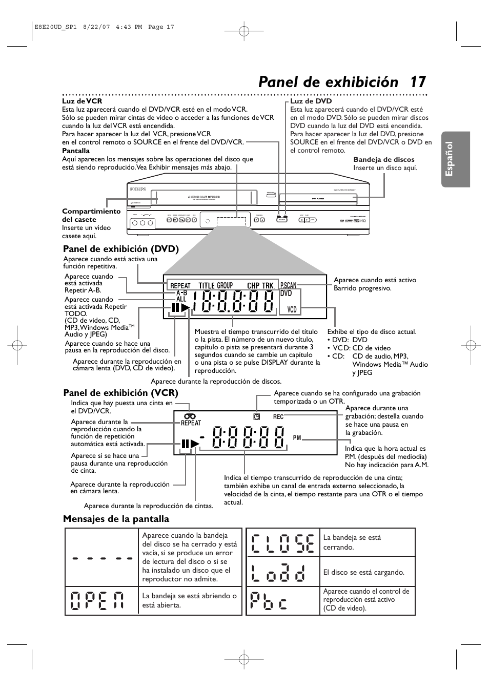 Panel de exhibición 17, Español, Mensajes de la pantalla | Group p.scan dvd vcd | Philips DVP3345V-17 User Manual | Page 79 / 126