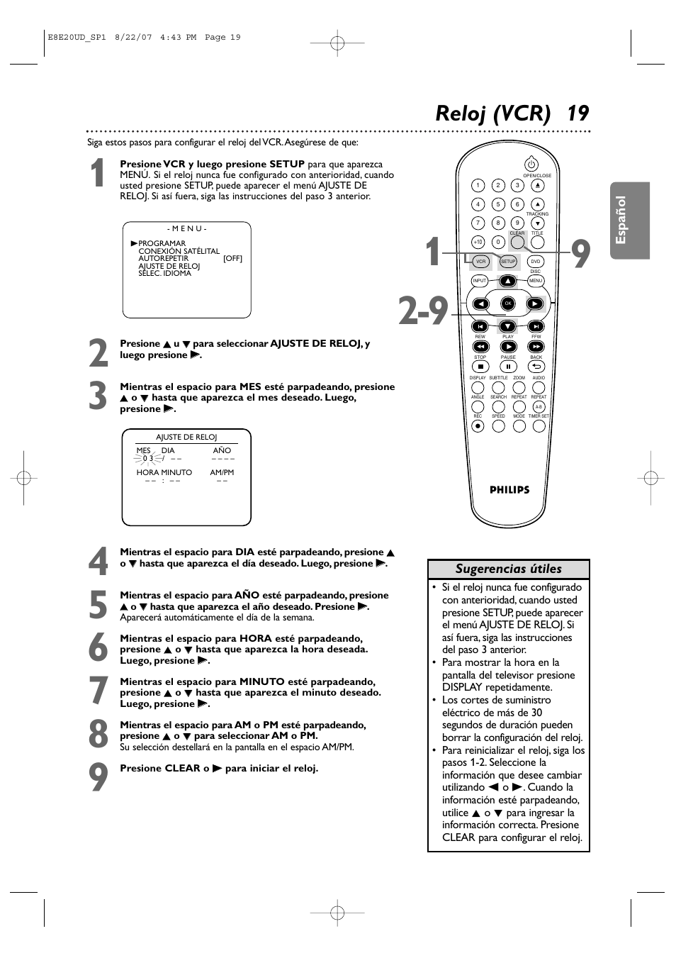 Reloj (vcr) 19 | Philips DVP3345V-17 User Manual | Page 81 / 126