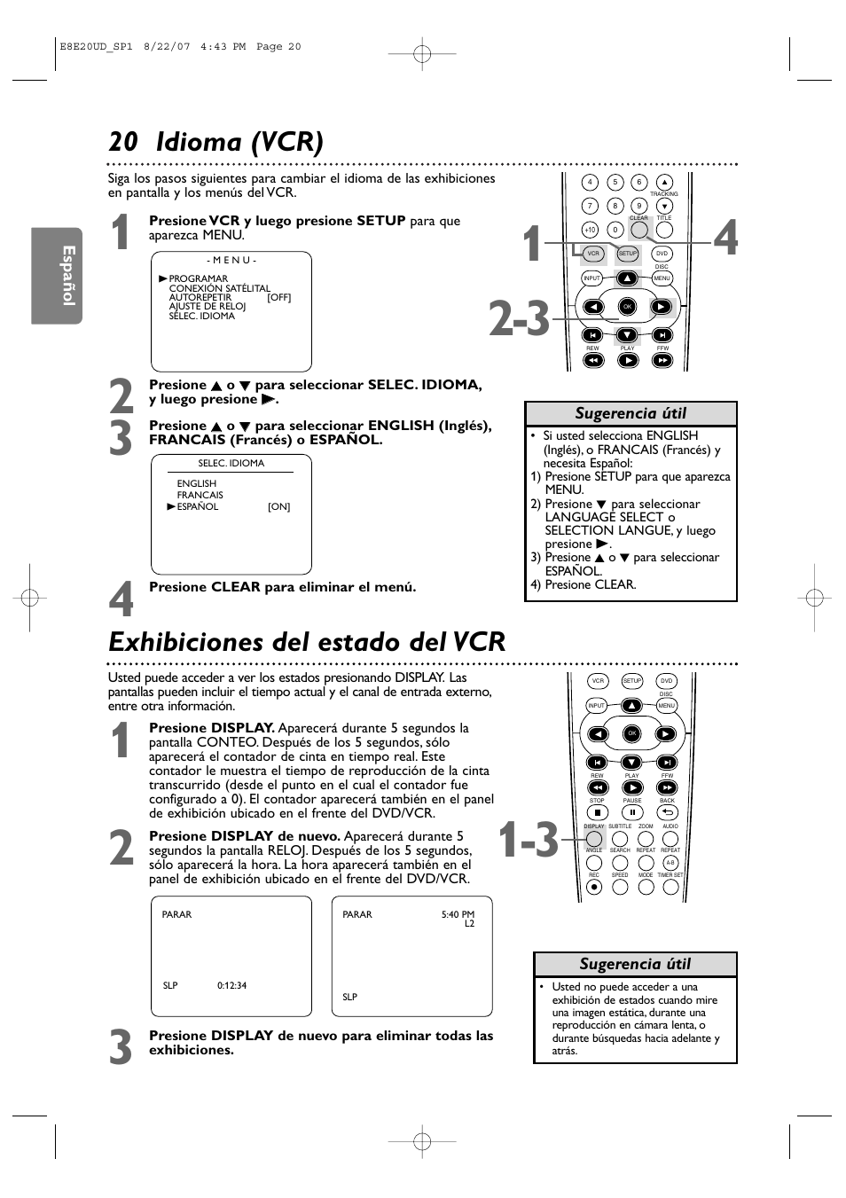 20 idioma (vcr), Exhibiciones del estado del vcr | Philips DVP3345V-17 User Manual | Page 82 / 126