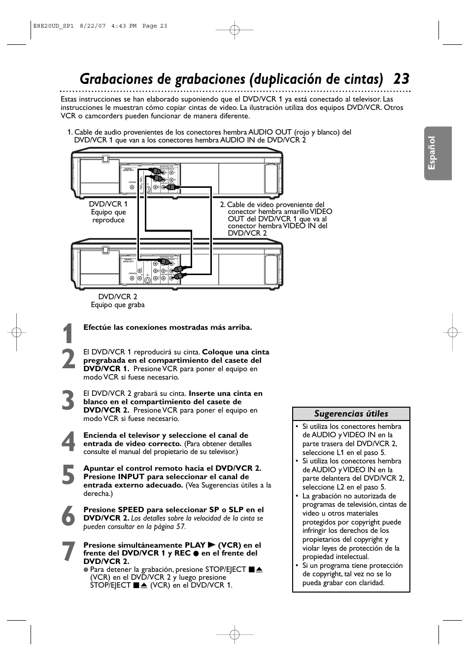 Español, Sugerencias útiles, Efectúe las conexiones mostradas más arriba | En el frente del dvd/vcr 2 | Philips DVP3345V-17 User Manual | Page 85 / 126