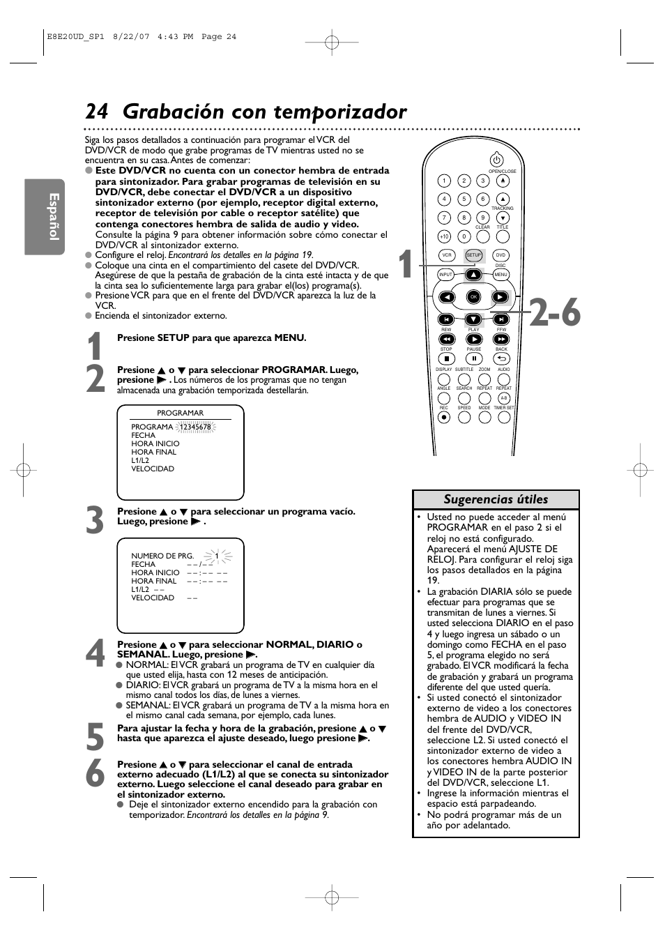 24 grabación con temporizador, Español, Sugerencias útiles | Philips DVP3345V-17 User Manual | Page 86 / 126