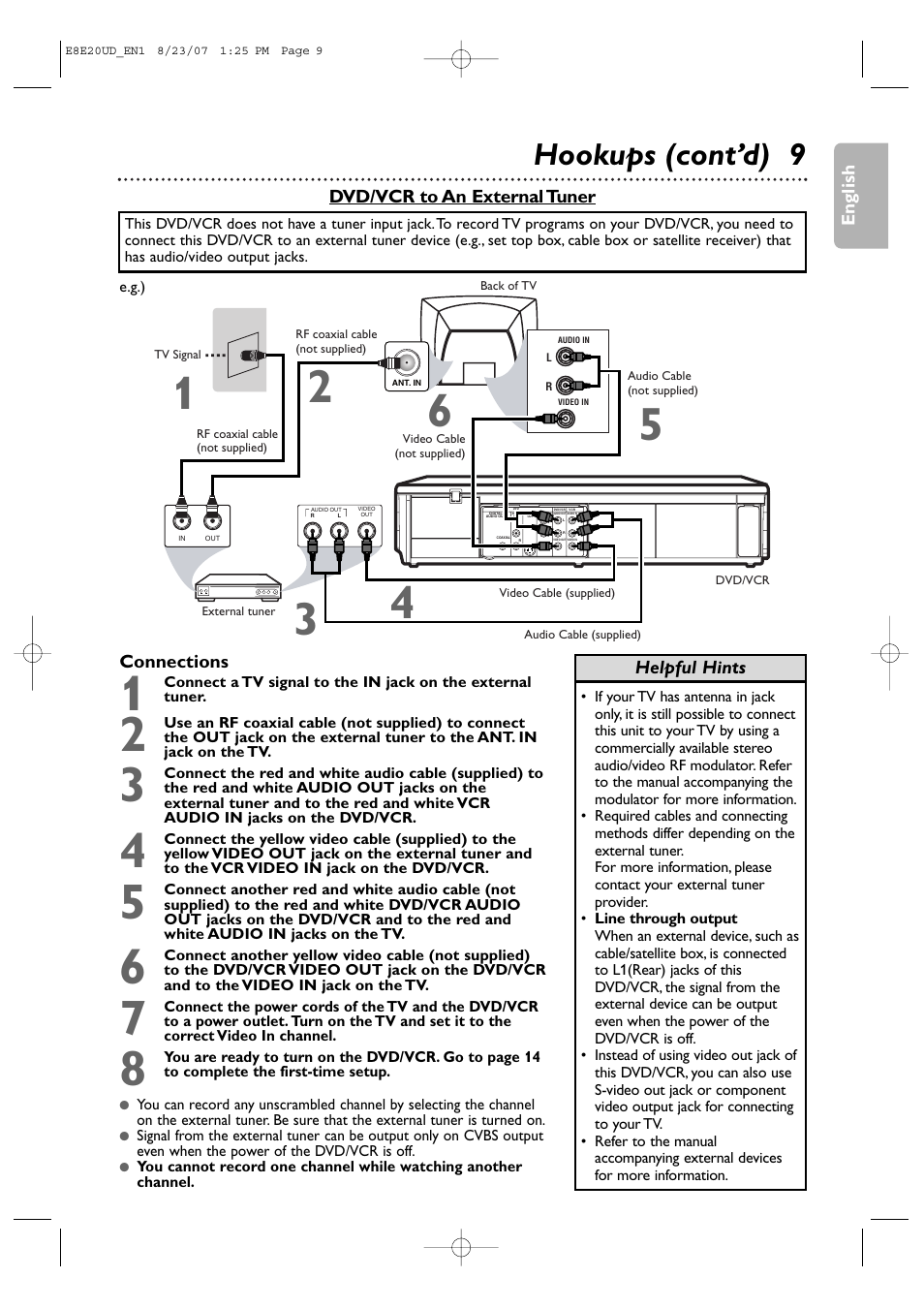 Hookups (cont’d) 9, English, Connections | Dvd/vcr to an external tuner, Helpful hints | Philips DVP3345V-17 User Manual | Page 9 / 126