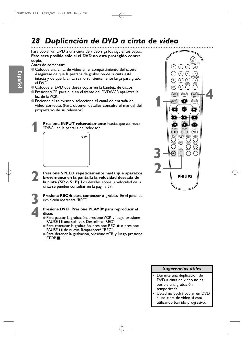 28 duplicación de dvd a cinta de video, Español, Sugerencias útiles | Philips DVP3345V-17 User Manual | Page 90 / 126