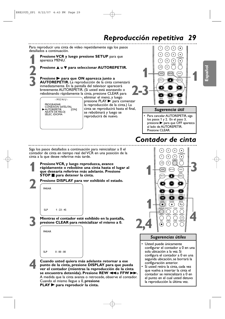 Reproducción repetitiva 29, Contador de cinta | Philips DVP3345V-17 User Manual | Page 91 / 126