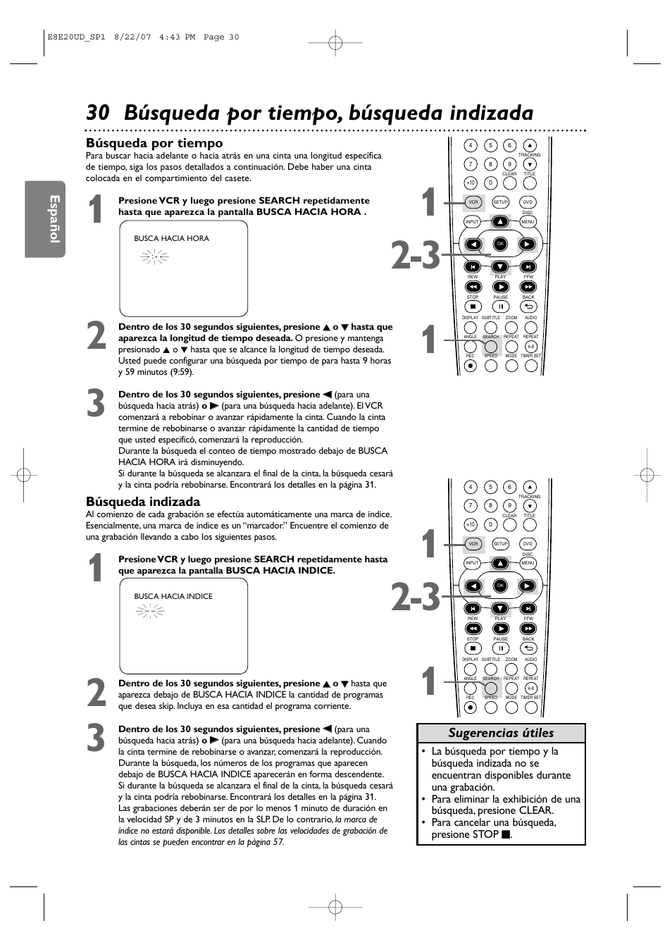 30 búsqueda por tiempo, búsqueda indizada, Español, Búsqueda por tiempo | Sugerencias útiles búsqueda indizada | Philips DVP3345V-17 User Manual | Page 92 / 126