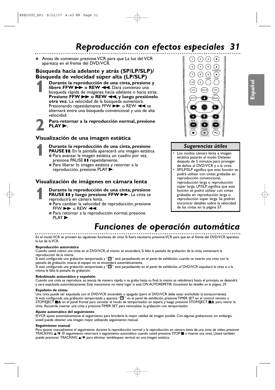 Reproducción con efectos especiales 31, Funciones de operación automática, Español | Visualización de una imagen estática, Visualización de imágenes en cámara lenta, Sugerencias útiles | Philips DVP3345V-17 User Manual | Page 93 / 126